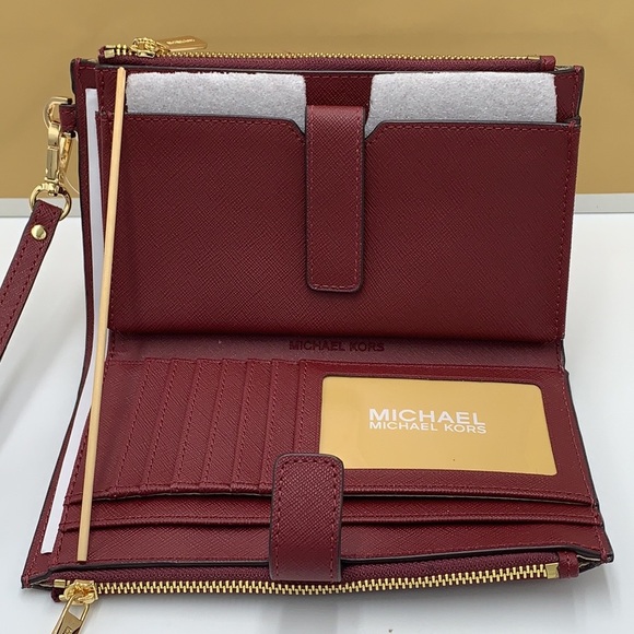 MICHAEL KORS LARGE DOUBLE ZIP WRISTLET WALLET DARK CHERRY COLOR - Picture 2 of 16